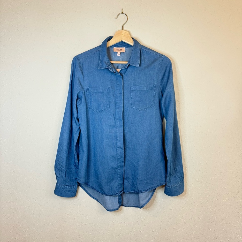 Per Se Chambray Women’s Blue Button Down Shirt Sz Small NWT